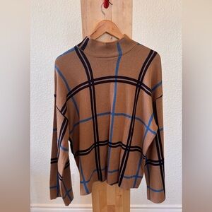 Eloquii Plaid Turtleneck Sweater - Tan and Blue